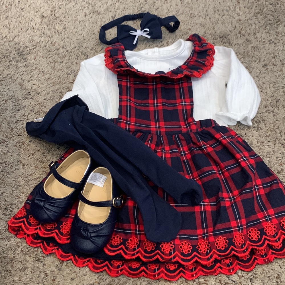 Janie and Jack Red Navy Plaid Dress Set with Navy Accessories